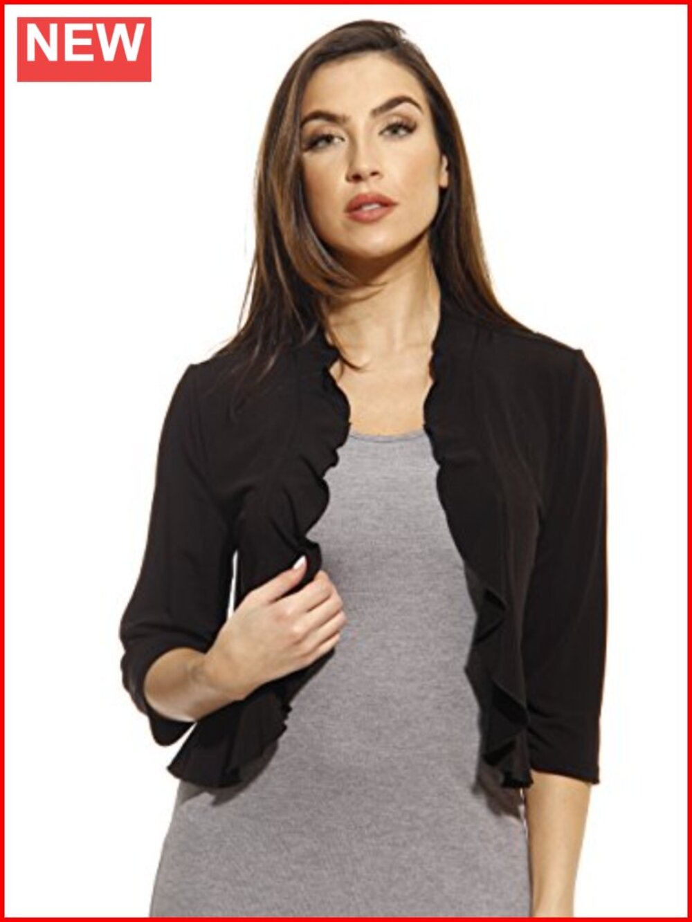 Womens Shrug Bolero Cardigan 3/4 Sleeve Ruffled Knit Layering Piece